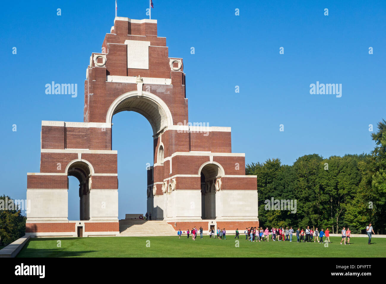 School children visiting the First World War One Thiepval Memorial to the Missing of the Somme, Picardy, France Stock Photo