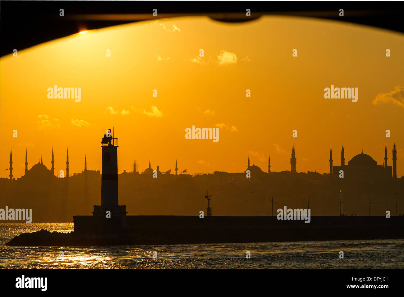 Istanbul silhouette. Blue Mosque and Hagia Sophia at sunset. Stock Photo