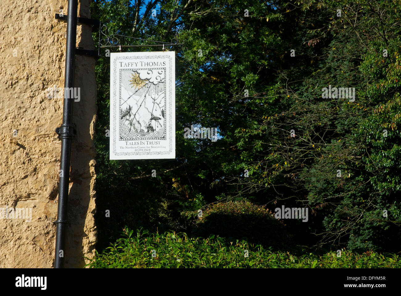 Sign for Taffy Thomas, storyteller, Grasmere village, Lake District