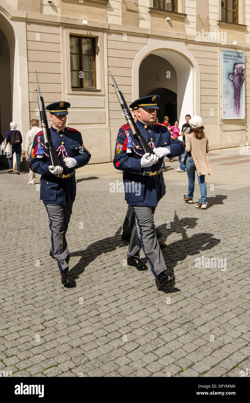 Prague, Czech Republic - May 05: Guardians patroling during the 'Changing of the Guard' at Prage Castle. Castle guard is directly subordinate to the Military Office of the President of the Republic. Stock Photo