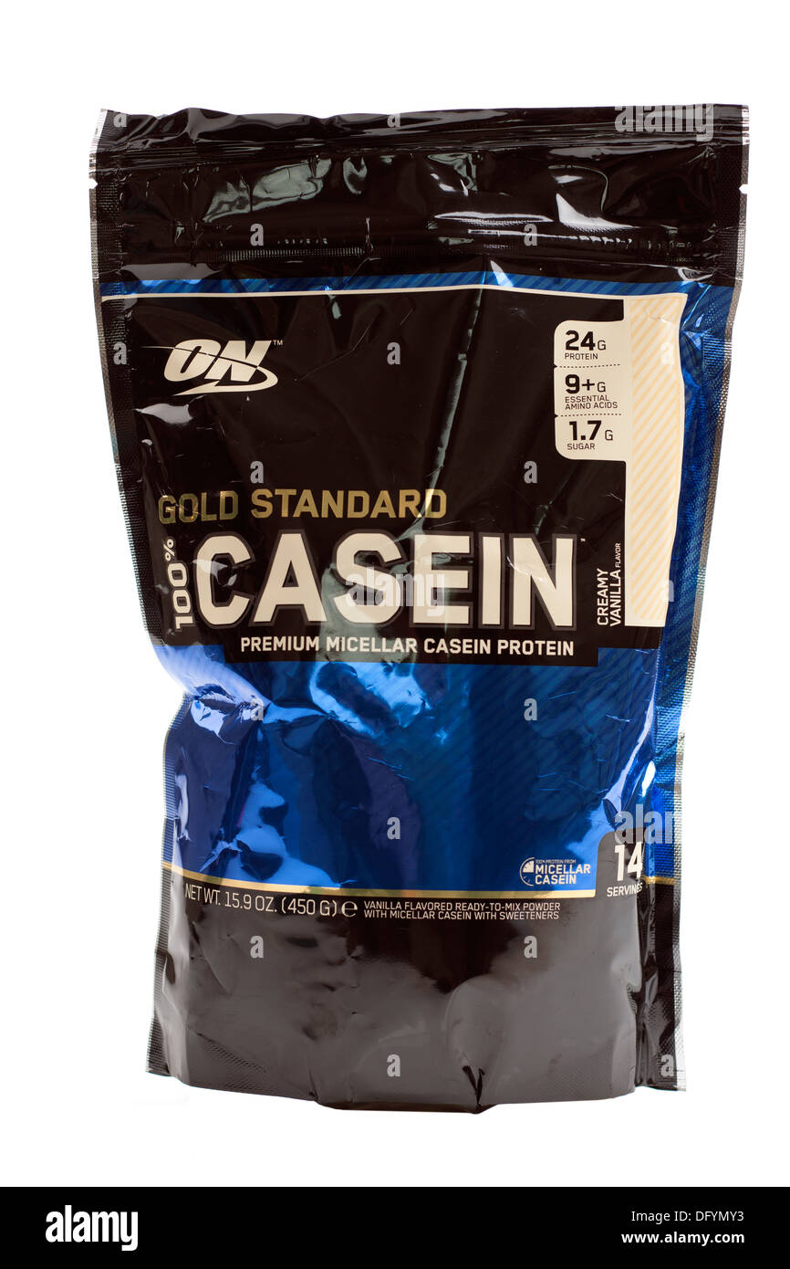 Resealable bag of ON brand Gold 100 percent Casein premium micellar casein protein Stock Photo