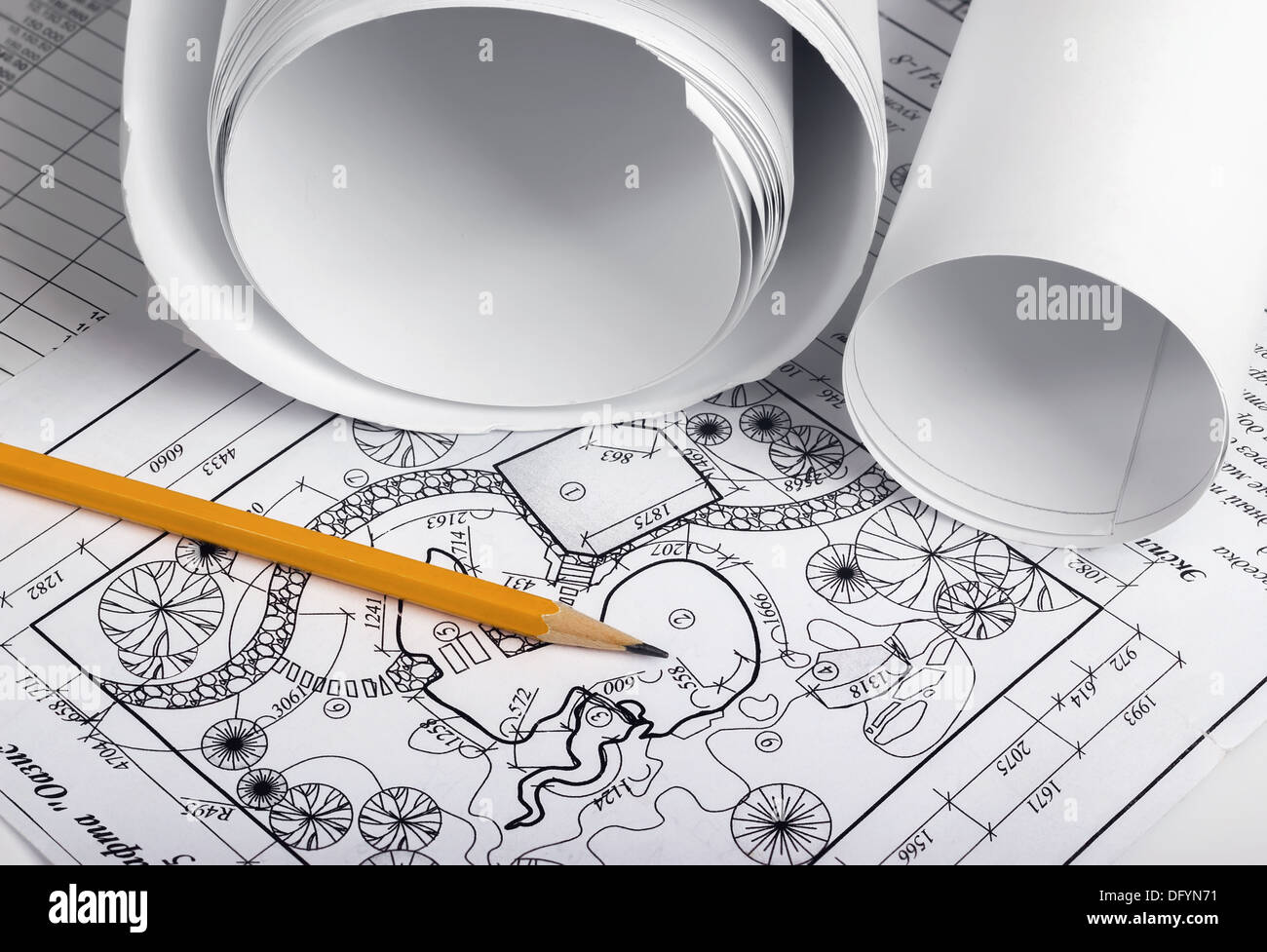 Rolls of drawings with elements of landscape design Stock Photo