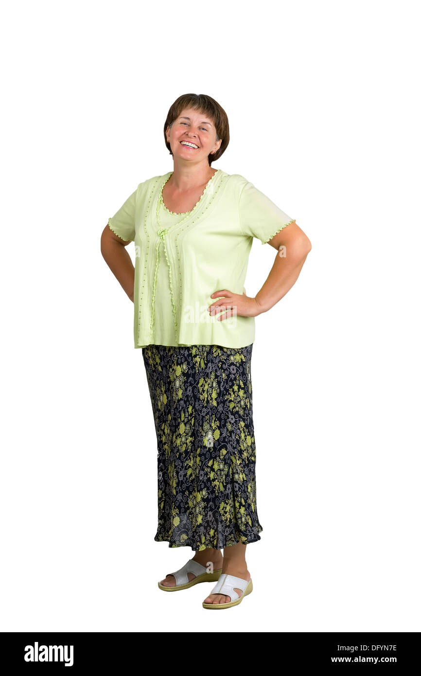 A smiling woman at the age of a white background Stock Photo
