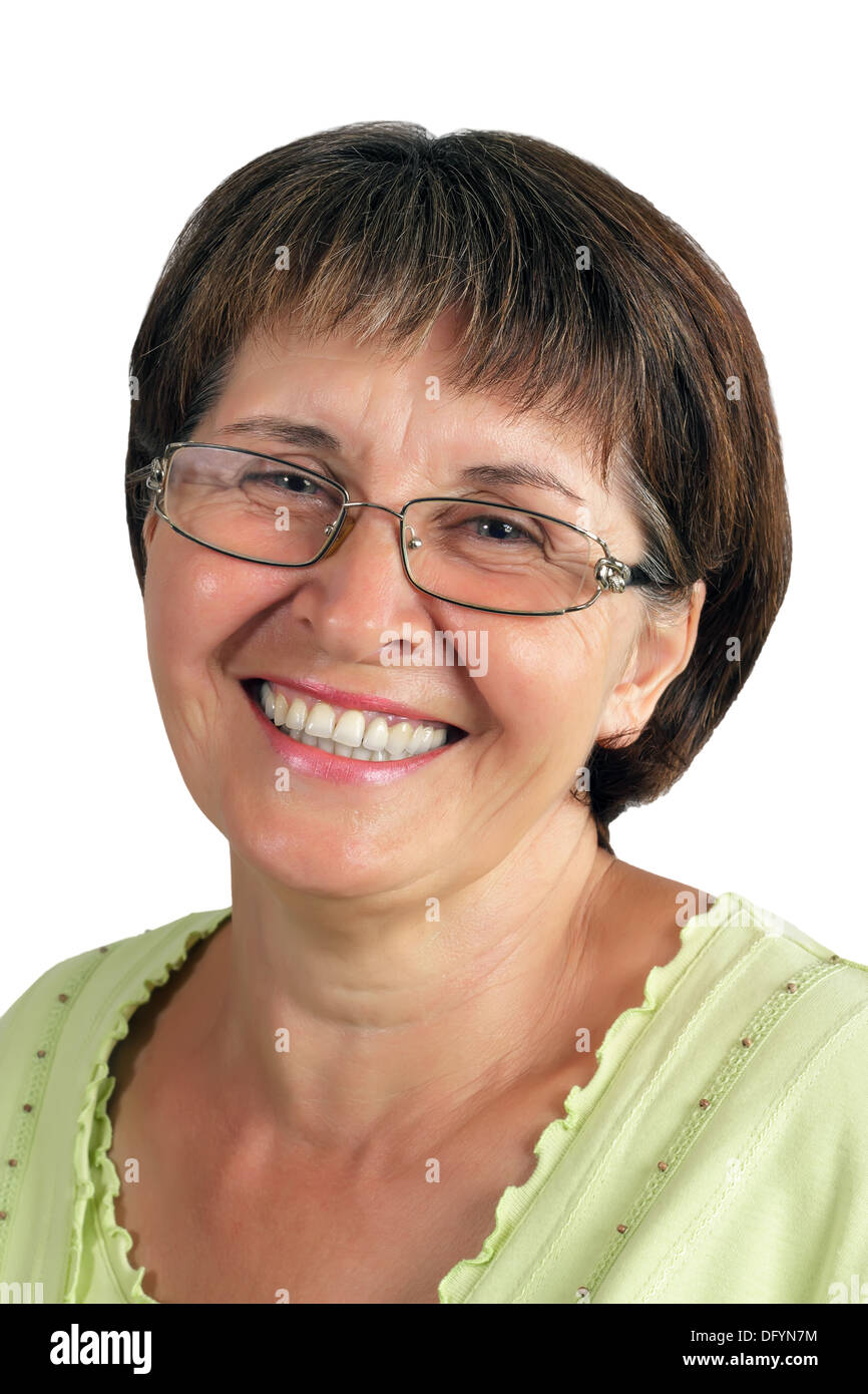 A smiling woman at the age of a white background Stock Photo