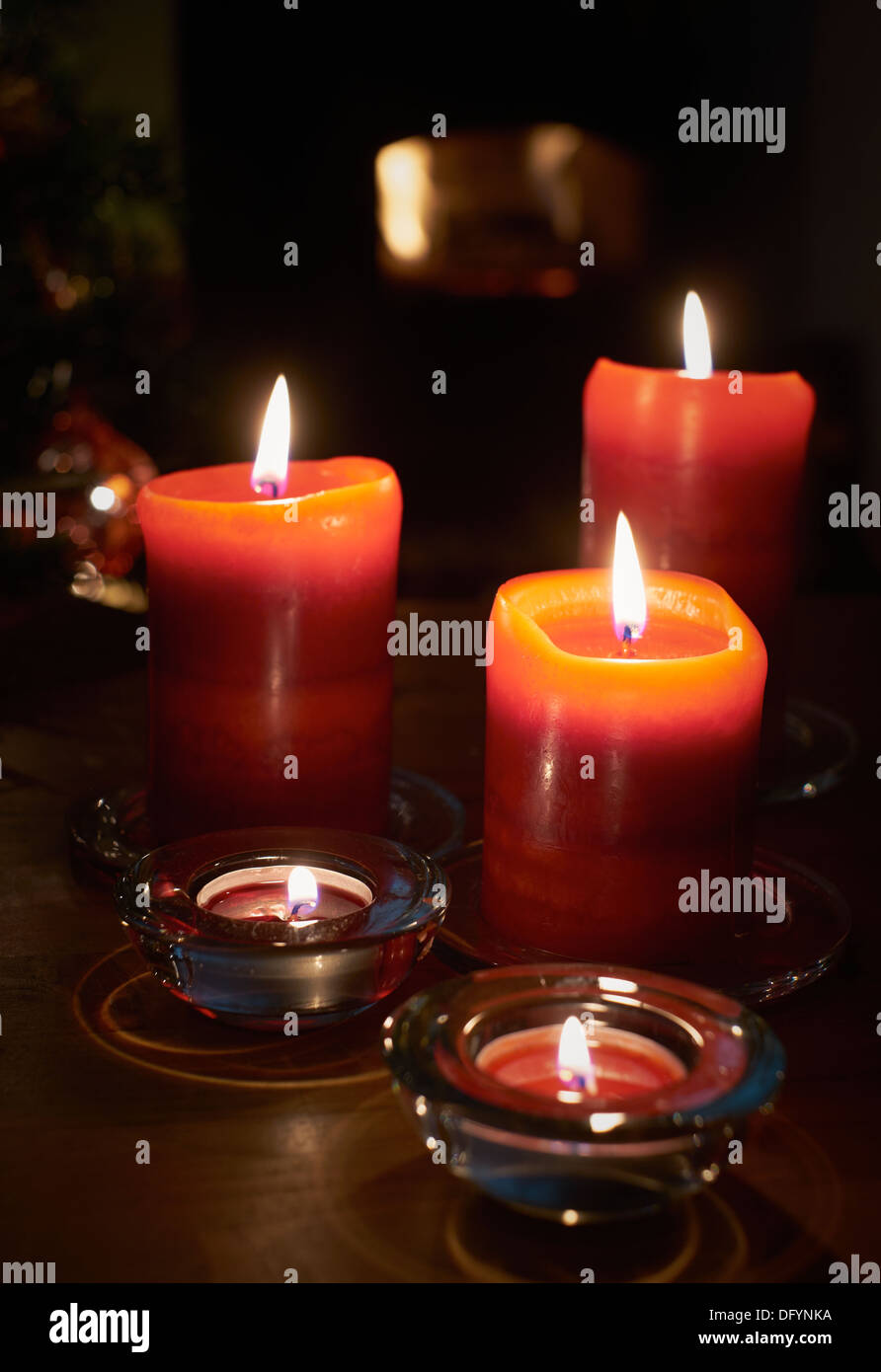 A Christmas Tree Scene At Night With Lit Candles And Xmas Decoration A Christmas Tree Scene At Night With Lit Candles And Xmas Decoration