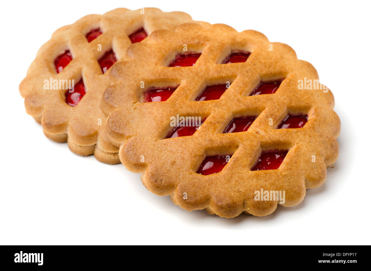 Two jam filled cookies isolated on white Stock Photo
