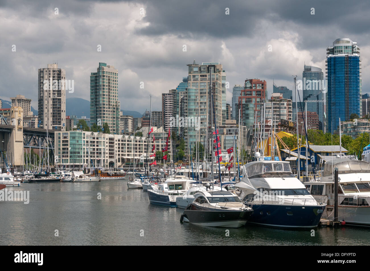 View across the water of Vancouver City from Granville Island Stock Photo