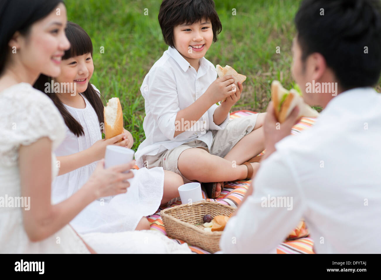 Happy young family having a picnic on the grass Stock Photo