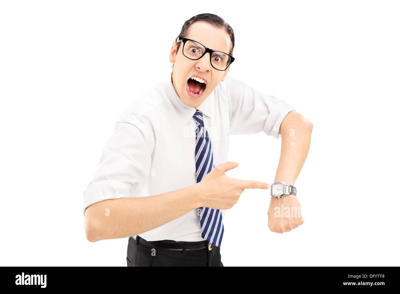 Angry man shouting and pointing on a wrist watch Stock Photo
