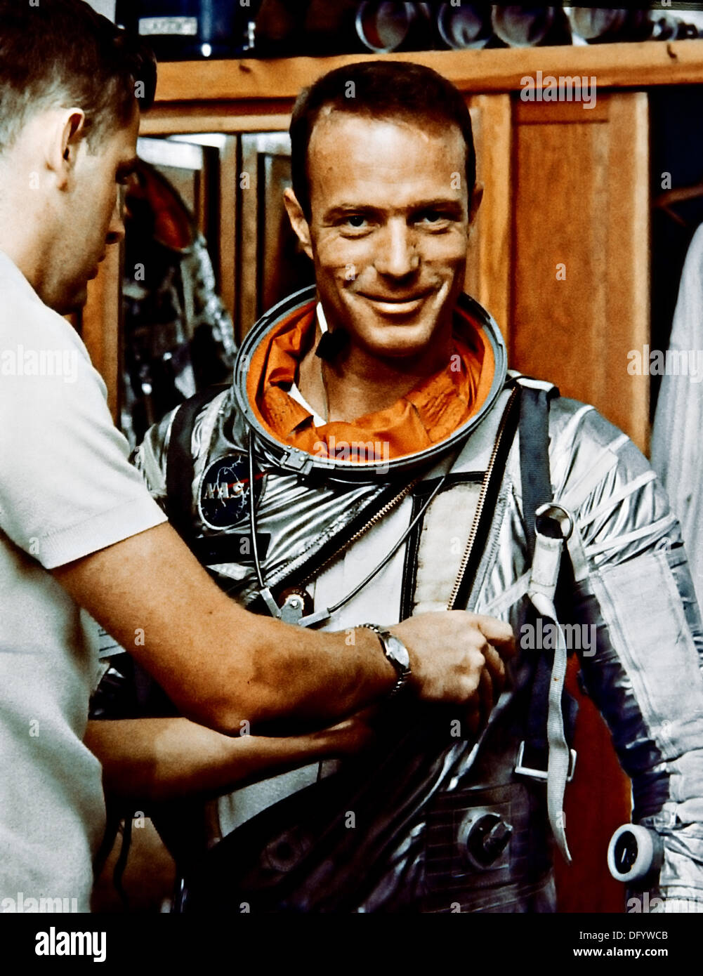 NASA Astronaut Scott Carpenter Astronaut Scott Carpenter, prime pilot for the Mercury-Atlas 7 flight, is seen in Hanger S crew quarters during a suiting exercise May 22, 1962 in Cape Canaveral, FL. Carpenter one of the original Mercury Seven astronauts and the second American to orbit the Earth died October 10, 2013 at age 88. Stock Photo