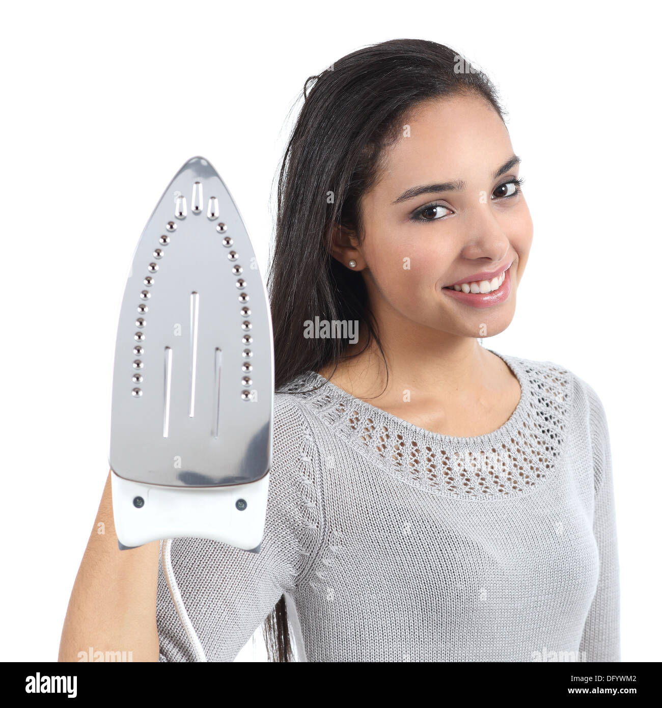 Beautiful young housewife holding a smoothing iron isolated on a white background Stock Photo