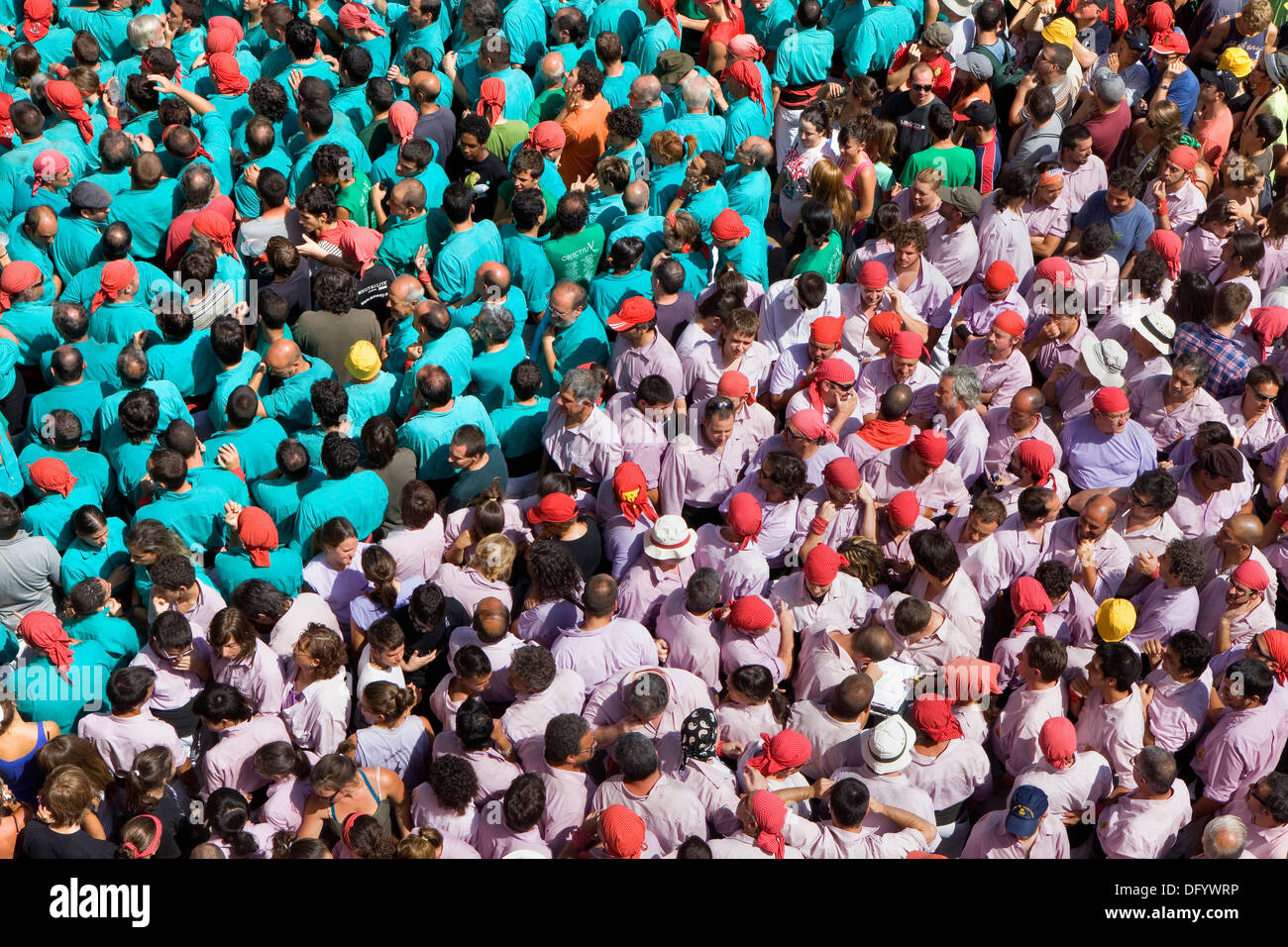 'Castellers' building human tower, a Catalan tradition. Stock Photo