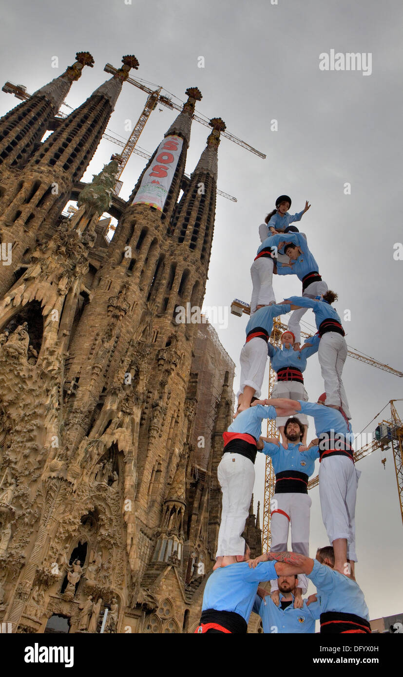 Castellers de Poble-sec.'Castellers' building human tower, a Catalan tradition. Barcelona, Spain Stock Photo