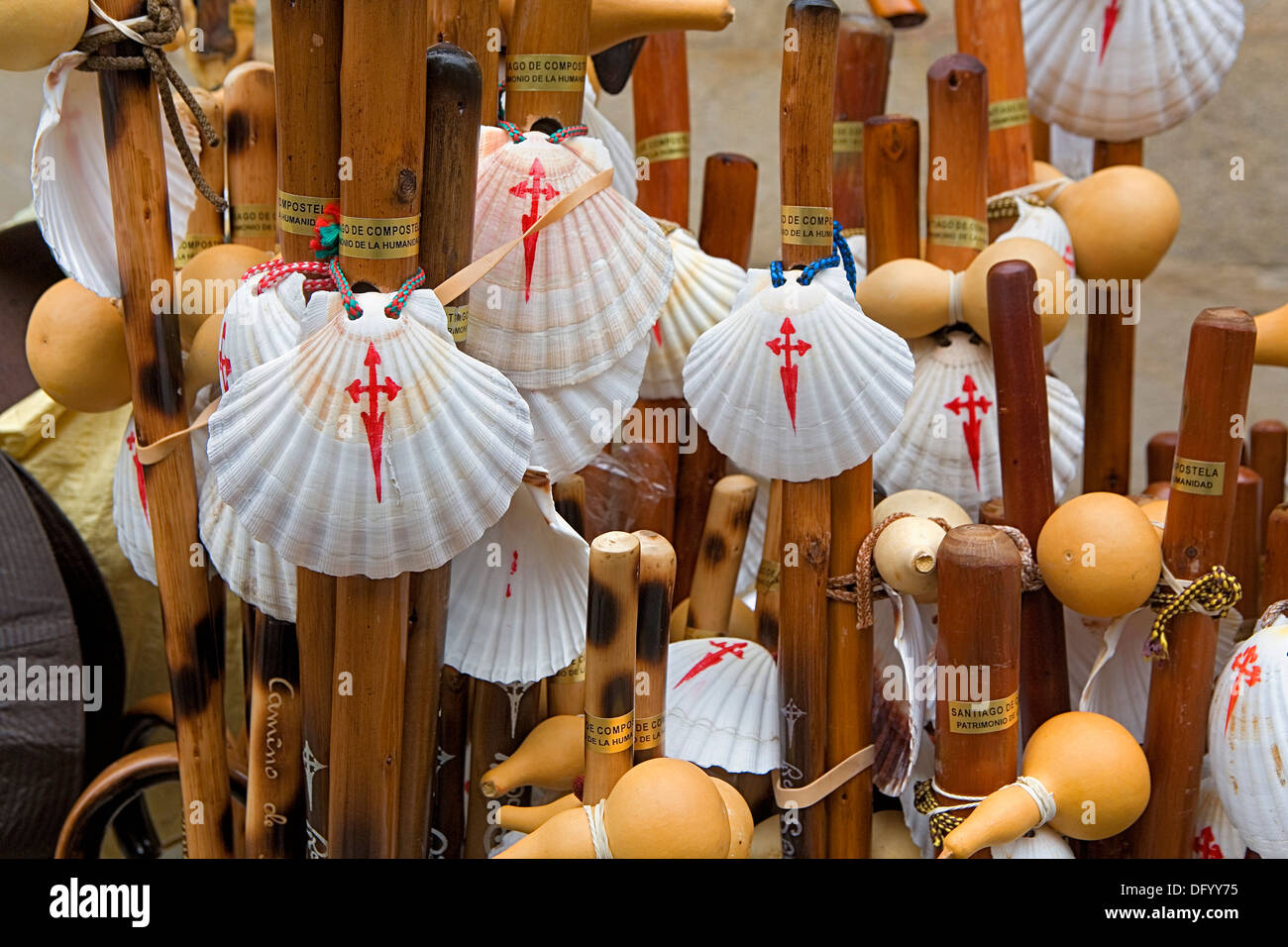 Typical stick of the pilgrim with the pumpkin and the ´coucha´ of ´camino de santiago´ Stock Photo