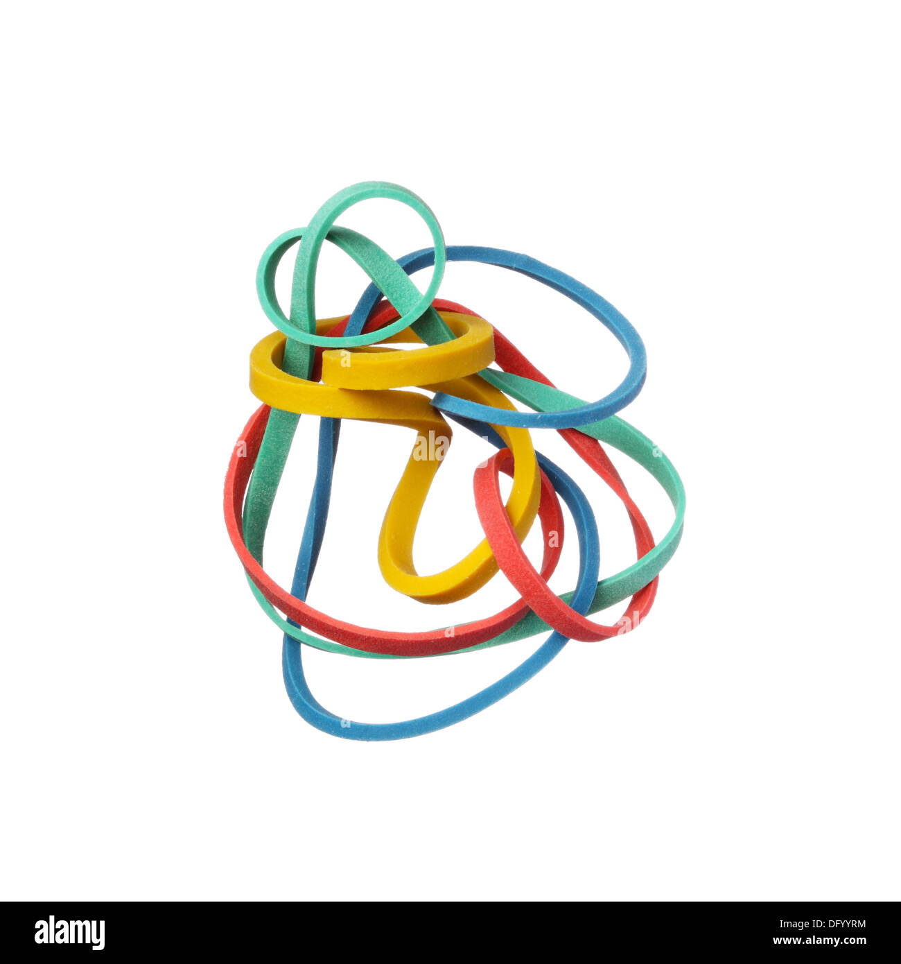 Tangled colorful elastic rubber bands isolated on a white background Stock Photo