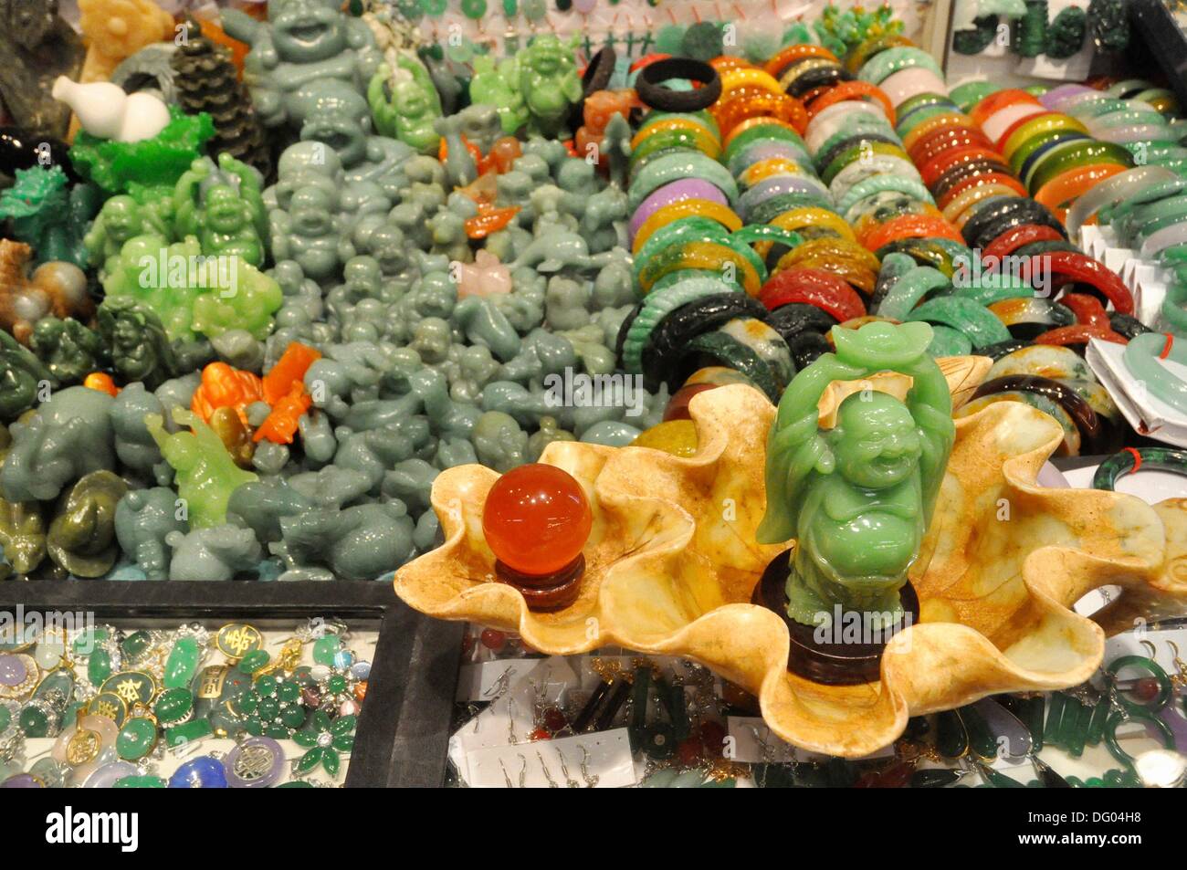 Hong Kong jade handicrafts at the Jade Market in Wan Chai Stock Photo
