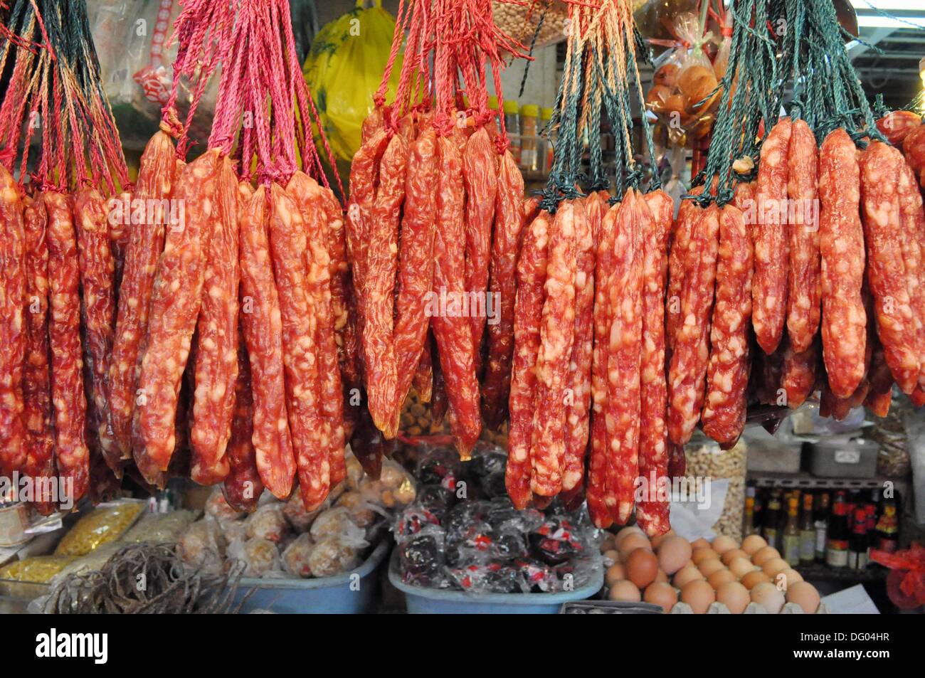 Hong Kong sausages at the food market of Nam Ning Street and Chengtu Road, in Abardeen Stock
