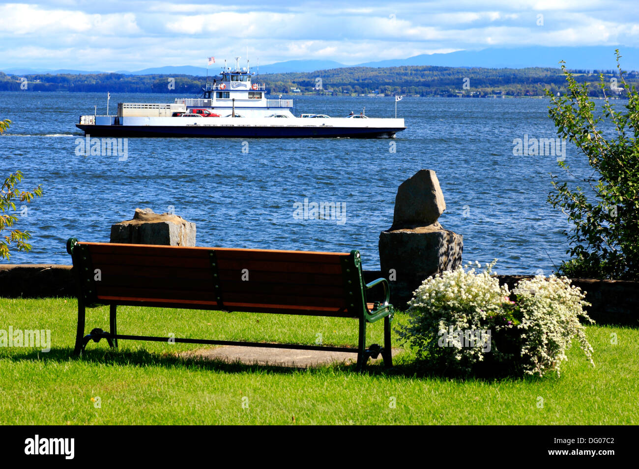 Lake Champlain ferry and Vermont viewed from Essex New York Stock Photo
