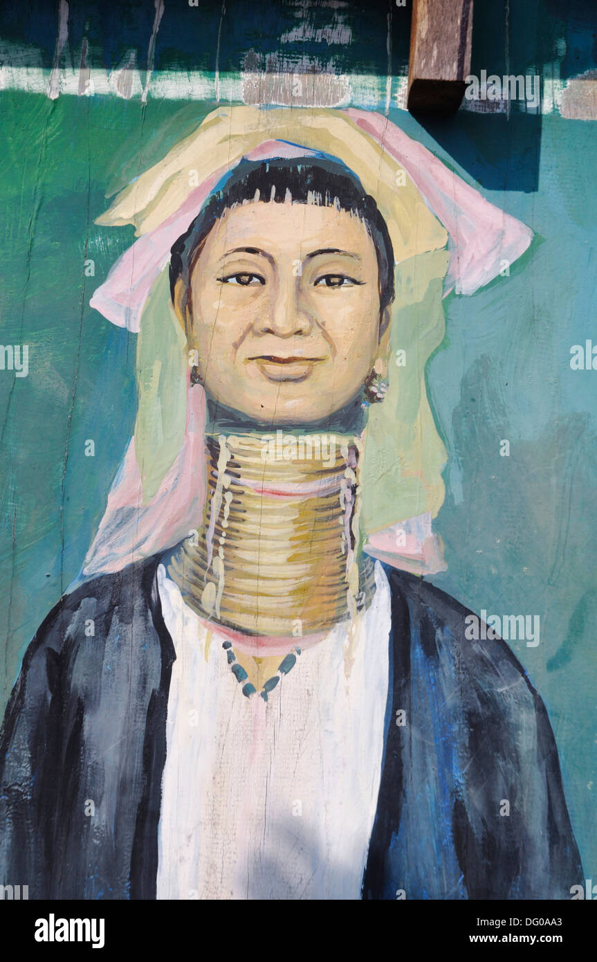 Tachileik (Myanmar), a Padaung woman´s graffiti at the entrance of a