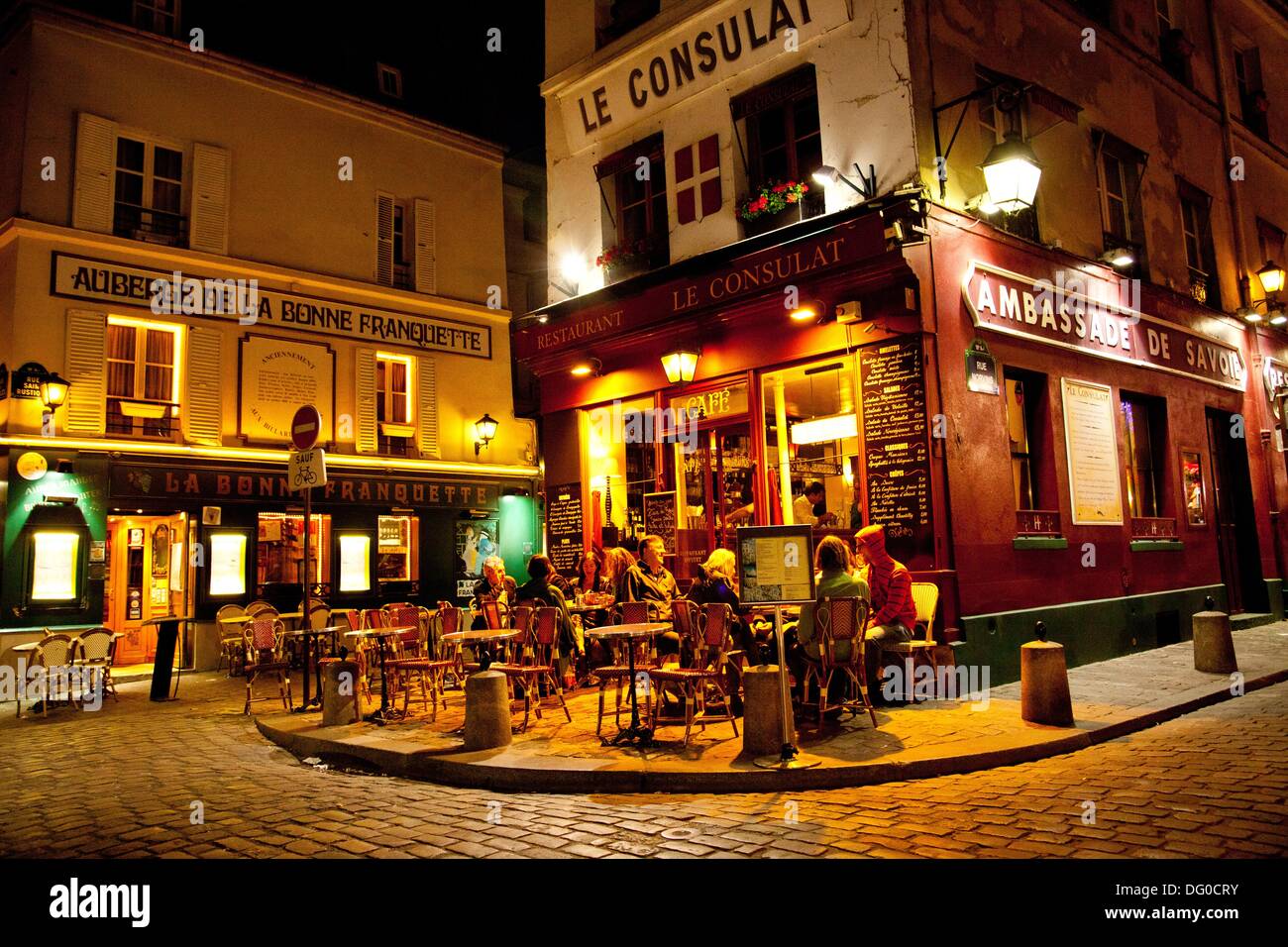 The cobble stone streets of Montmartre at night in Paris, France Stock ...