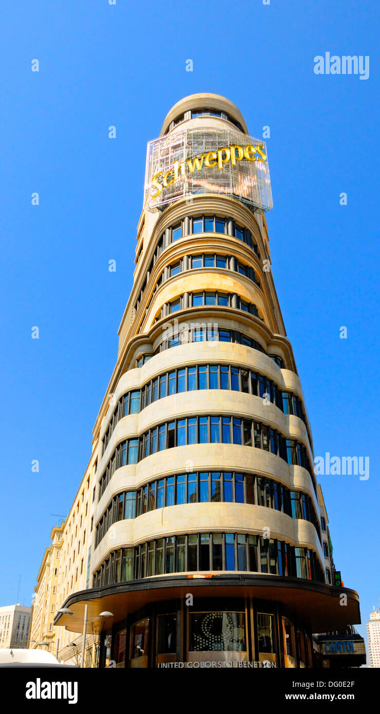 Madrid, Spain. Gran Via / Plaza de Callao. Carrion building (1930s) Stock Photo