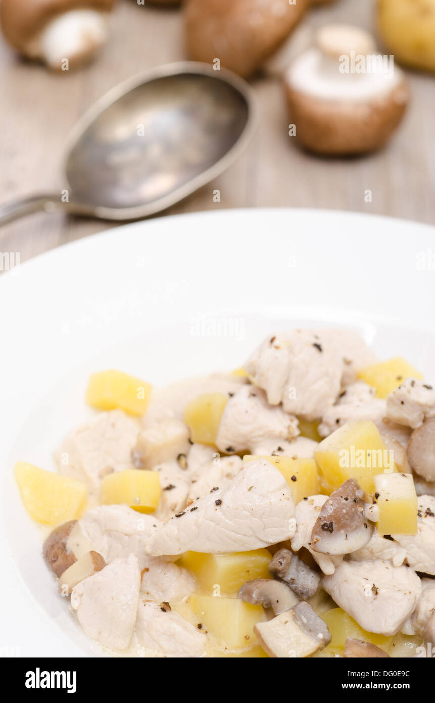 Turkey meat with potatoes and mushrooms as fricassee on a white plate