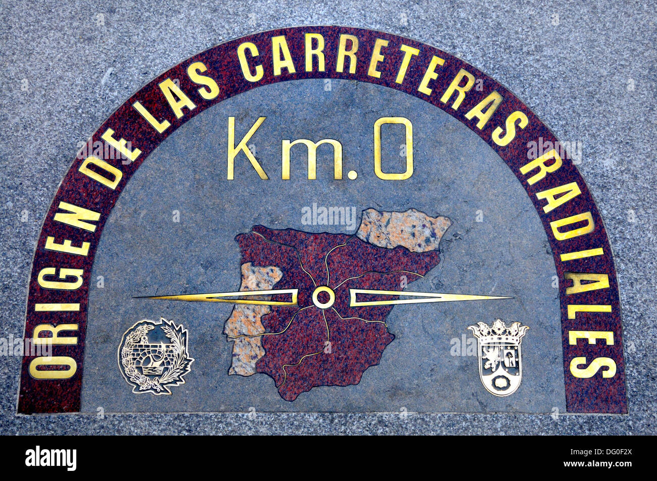 Madrid, Spain. Puerta del Sol. 'Kilometro cero' paving slab on pavement denoting the centre of Madrid Stock Photo