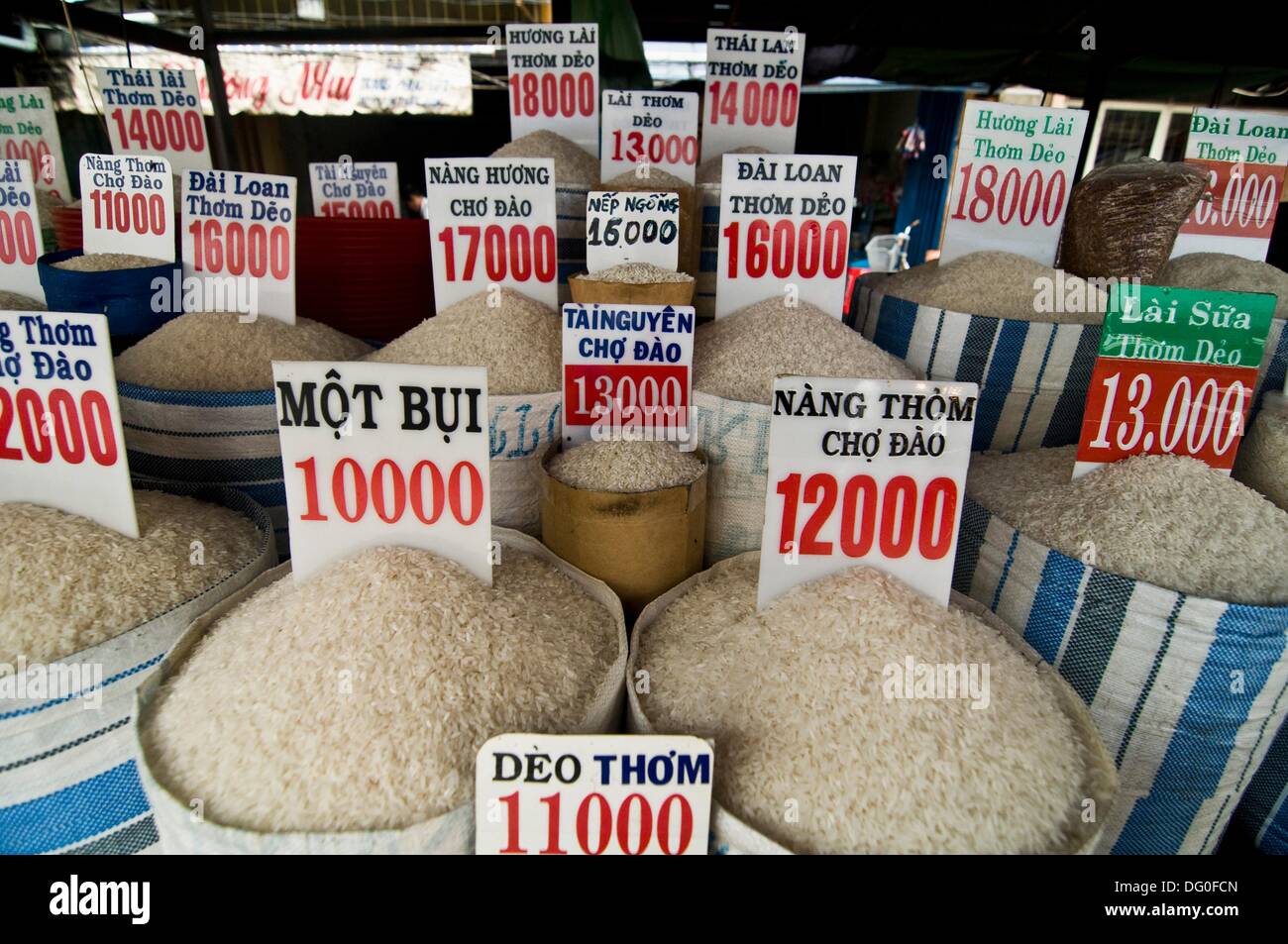 large varieties of rice in a small market shop in Saigon. Stock Photo