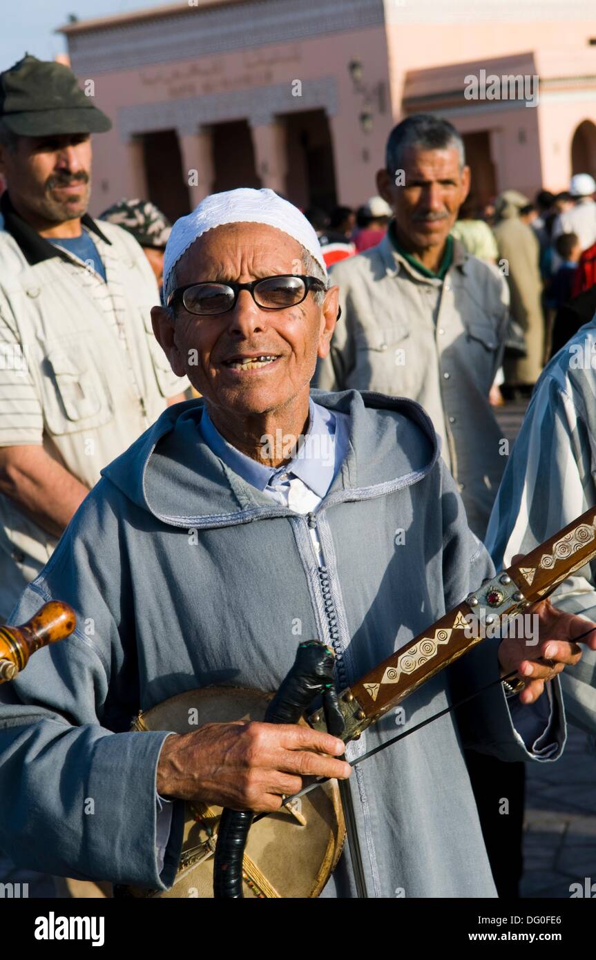 Moroccan musicians playing traditional musical instruments in the Djma