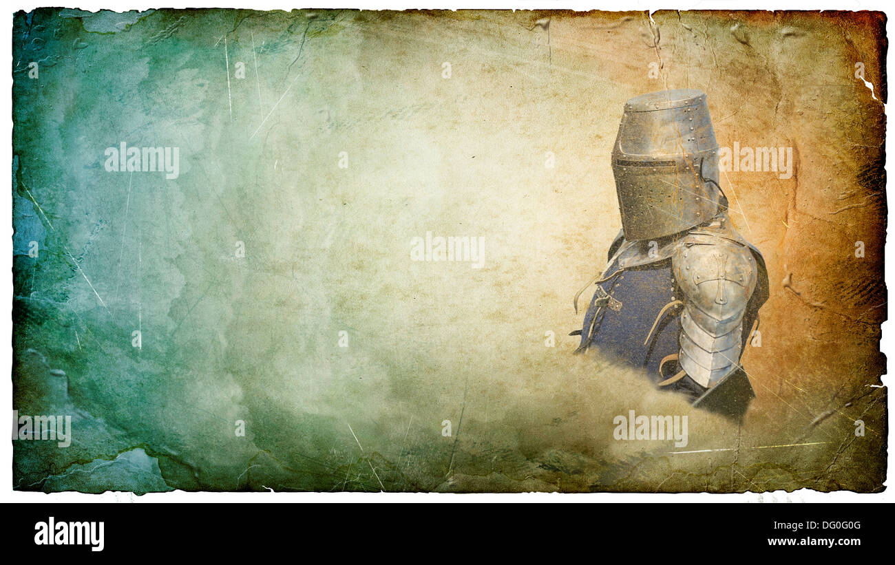 Armored knight in helmet with shield - retro postcard on landscape vintage paper background Stock Photo