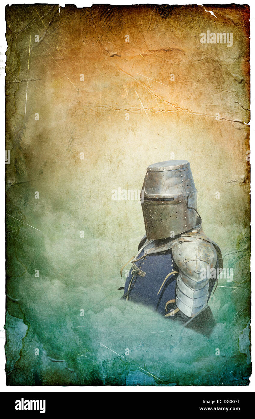 Armored knight in helmet with shield - retro postcard on poster vintage paper background Stock Photo
