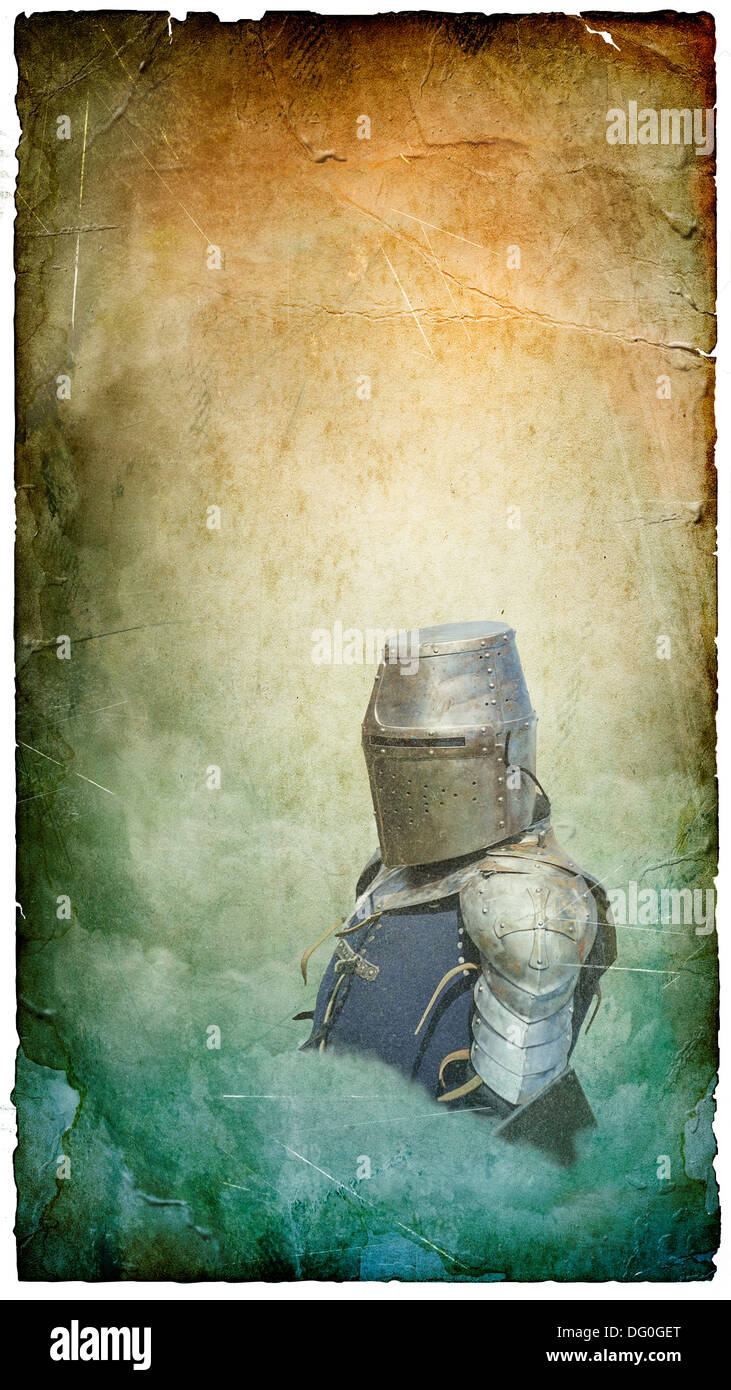 Armored knight in helmet with shield - retro postcard on vertical vintage paper background Stock Photo