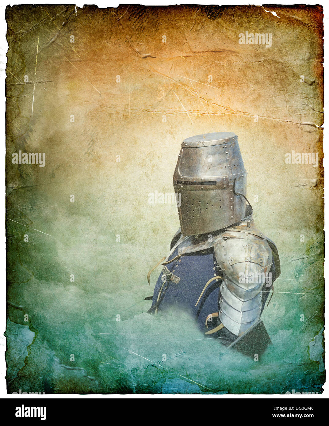 Armored knight in helmet with shield - retro postcard on portrait vintage paper background Stock Photo