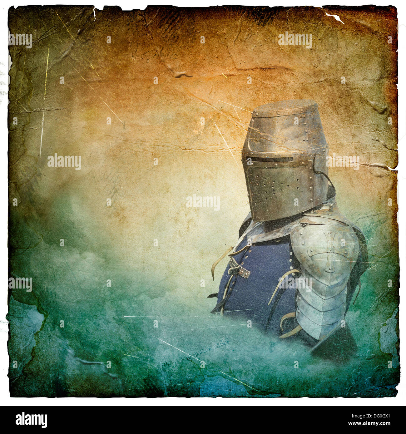 Armored knight in helmet with shield - retro postcard on square vintage paper background Stock Photo