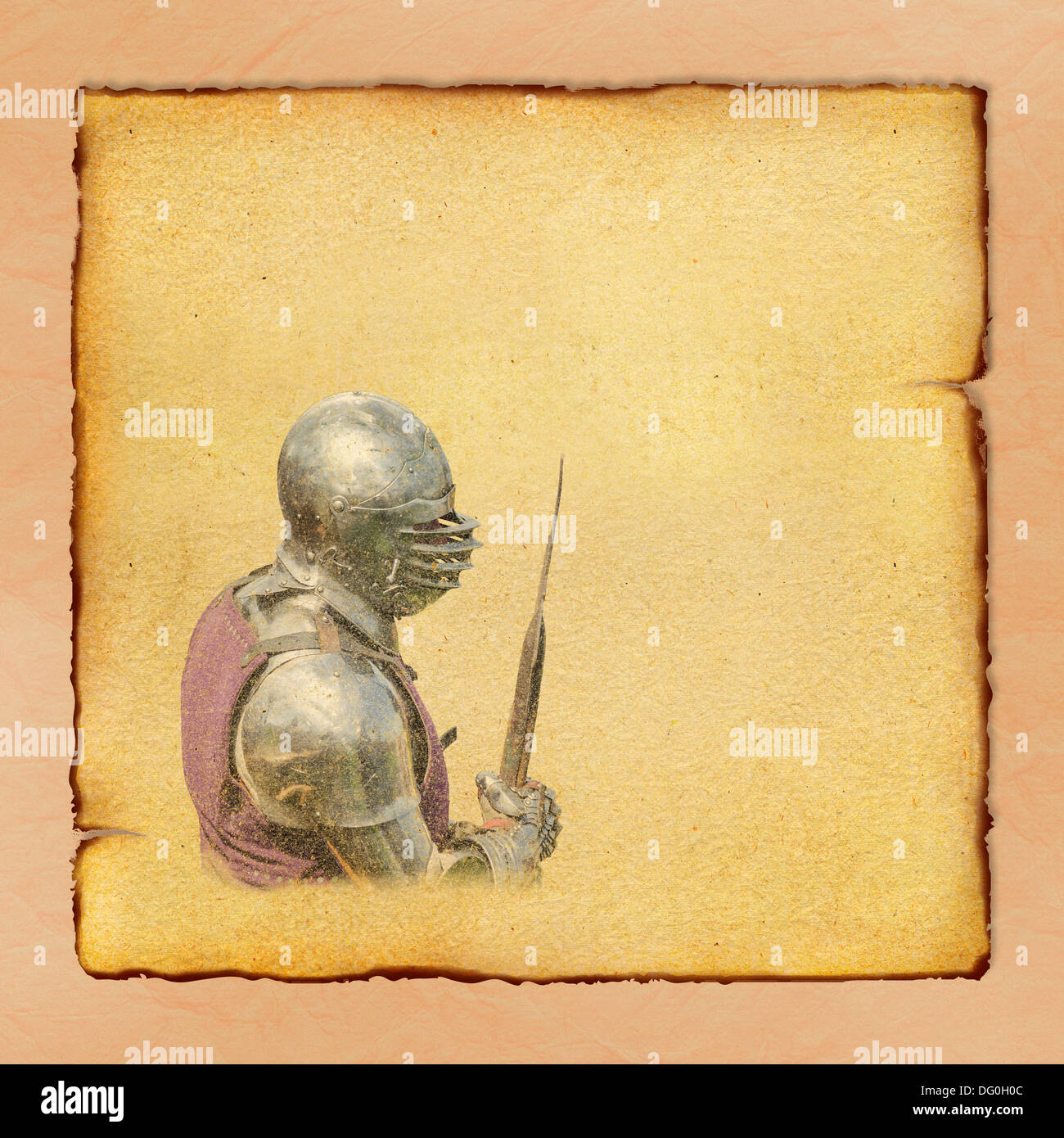 Armored knight with battle-axe - retro postcard on square vintage paper background Stock Photo