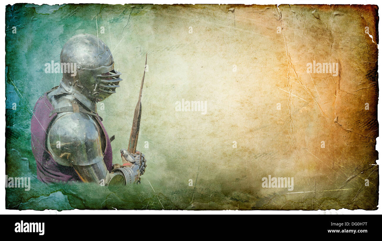 Armored knight with battle-axe - retro postcard on landscape vintage paper background Stock Photo