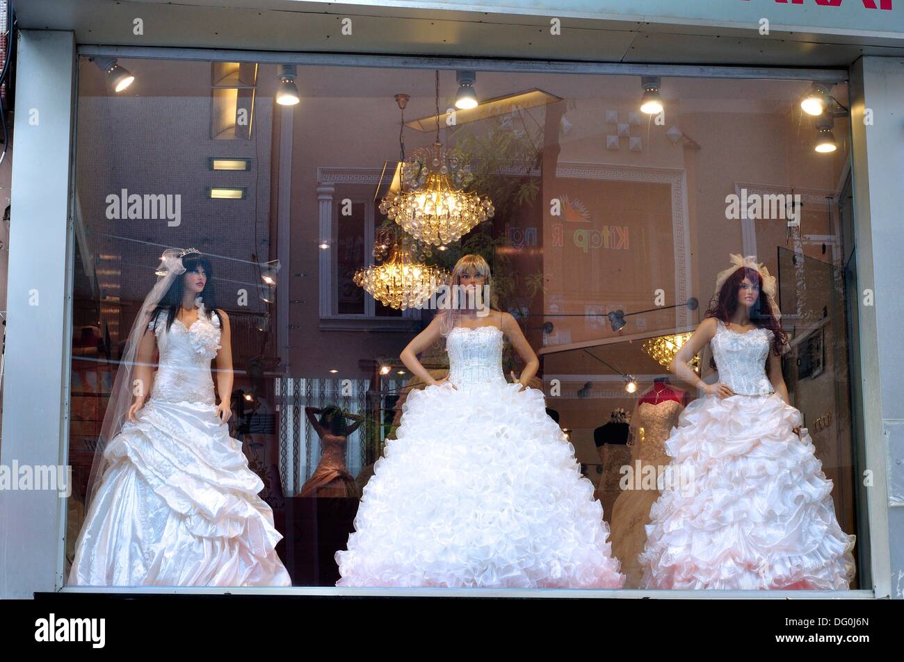Turkey, Istanbul, View of Mannequin Wearing Wedding Dress, Through ...