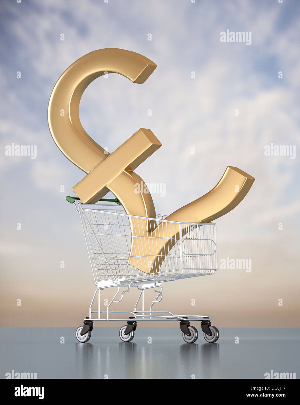 A Golden Pound Sterling in a trolley against a blue sky with clouds Stock Photo