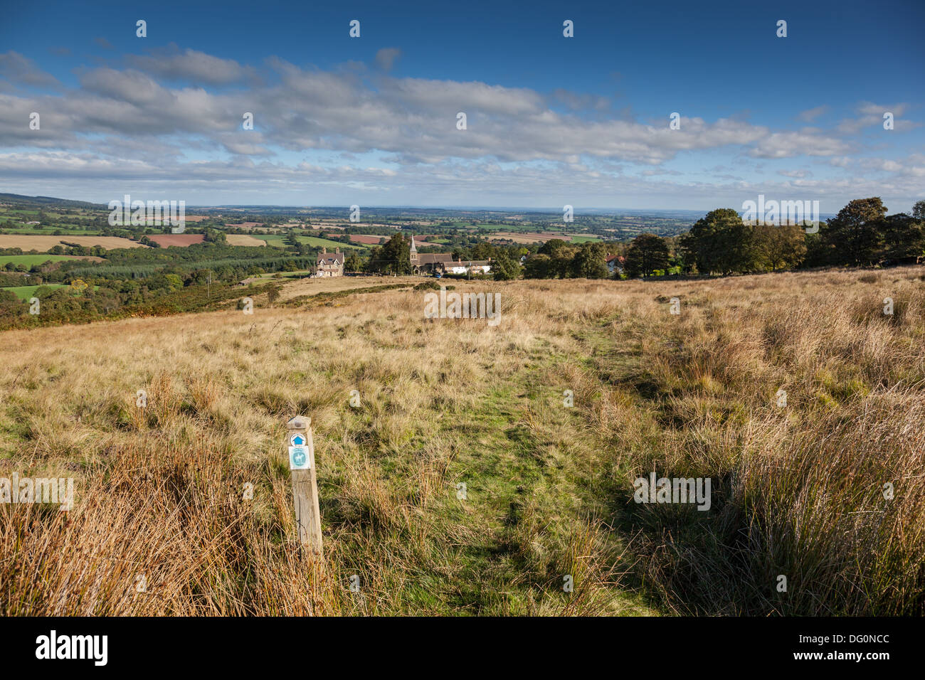 A bridleway on Titterstone Clee Hill dropping to St Marys Church at