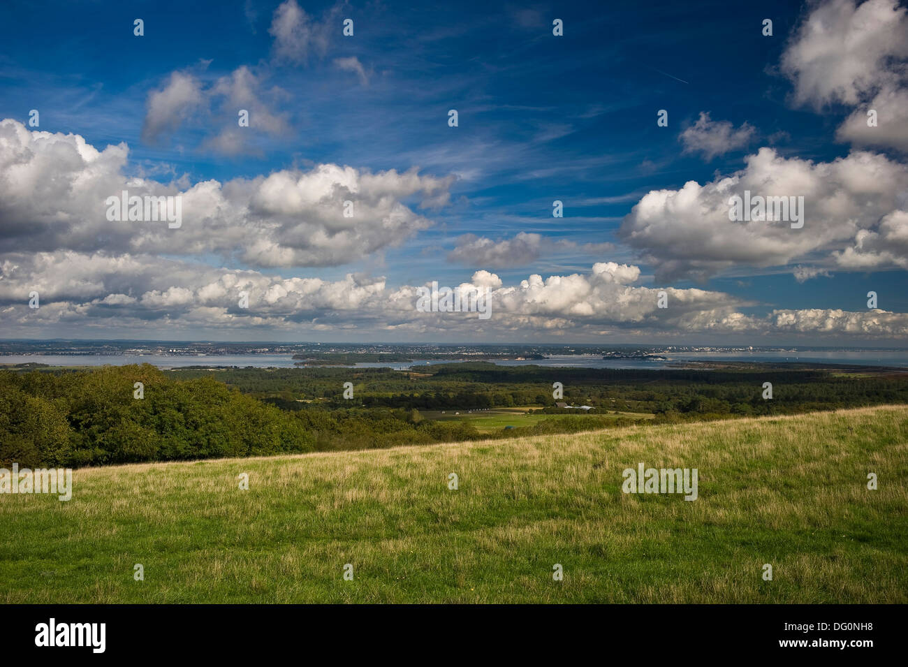 View over Poole Harbour, Brownsea Island and Bournemouth from the Purbeck Hills, Dorset, UK Stock Photo