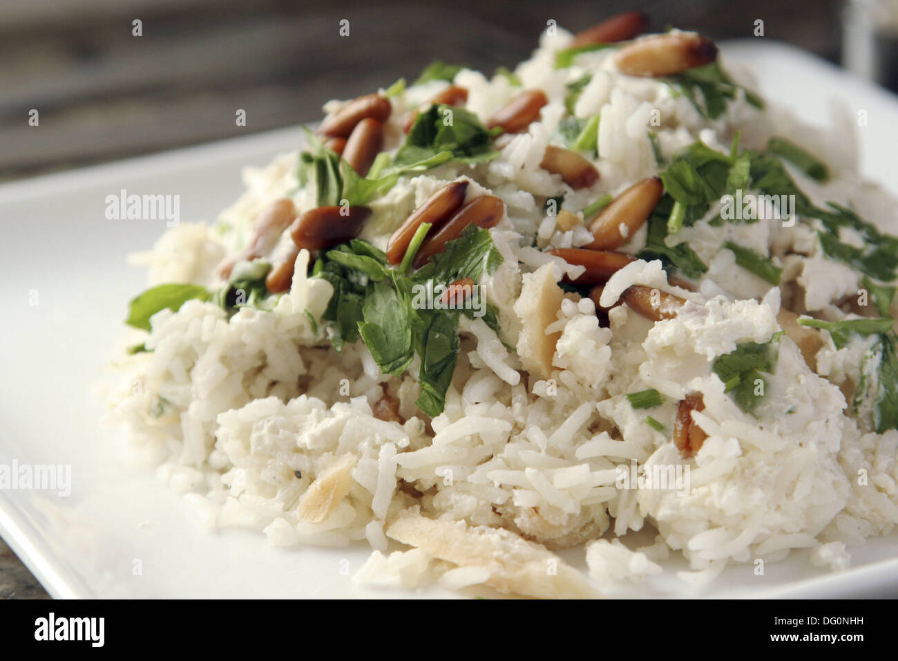 traditional Middle Eastern rice dish with chicken, yoghurt and pine