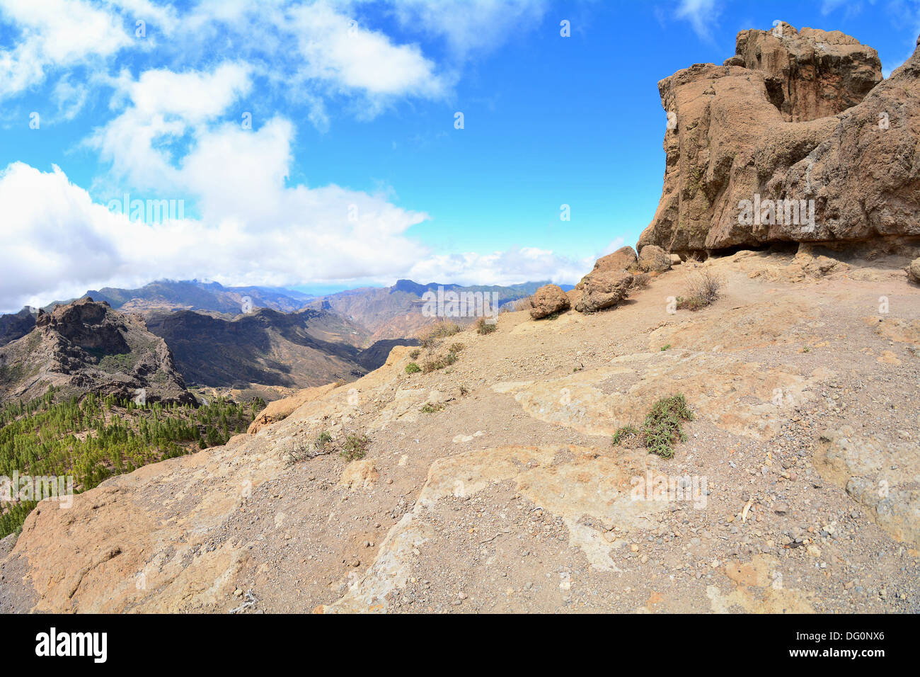 Wide angle shot of Gran Canaria mountains. View from Roque Nublo peak. Stock Photo