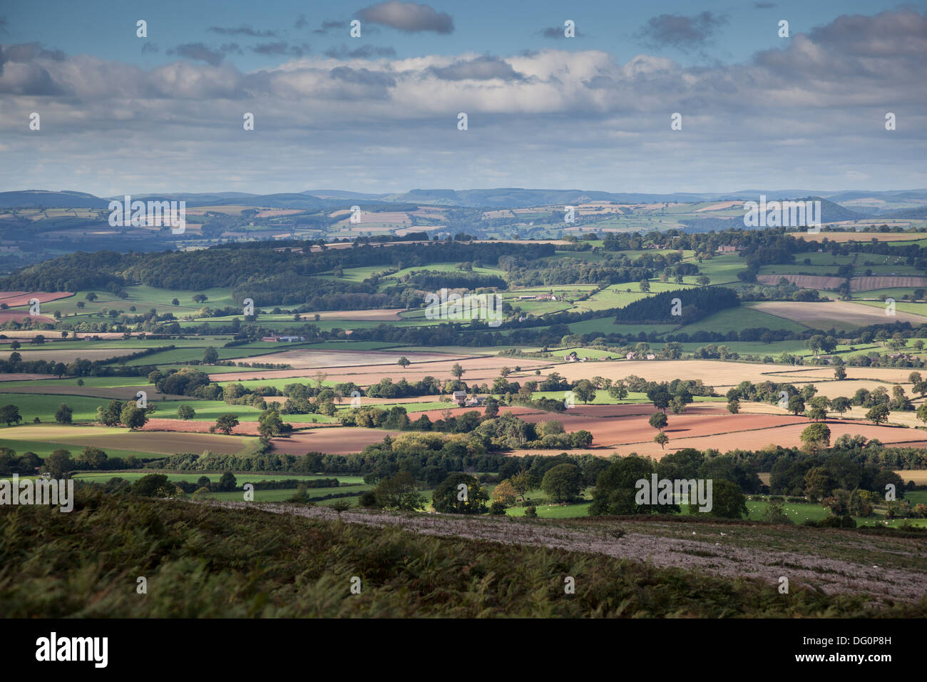 Looking towards mid-Wales from the western slopes of Titterstone Clee Hill, near Ludlow, Shropshire Stock Photo