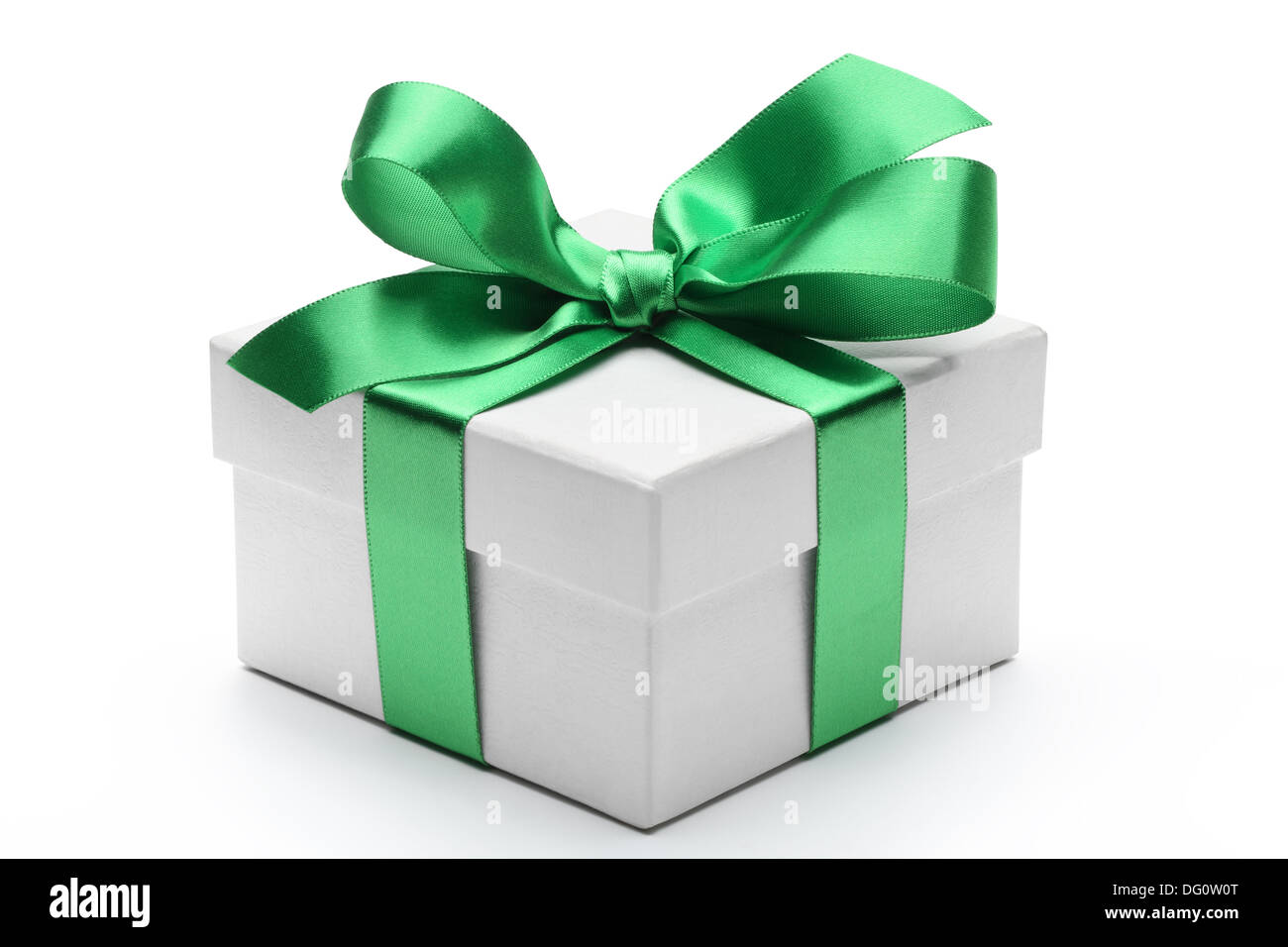 Gift box with green ribbon bow isolated on white background. Stock Photo
