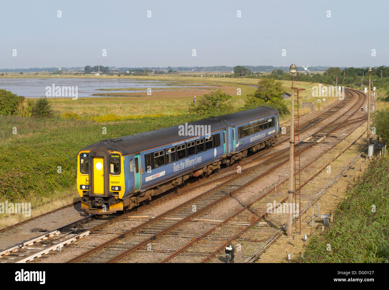 A Class 156 diesel multiple unit number 156407 working a Wherry Lines Greater Anglia service approaching Great Yarmouth. Stock Photo