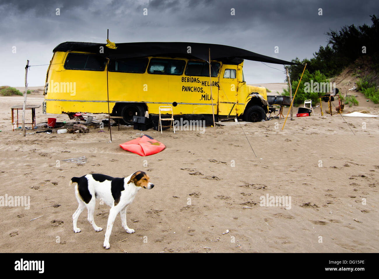 abandoned old bus at beach, on the way from San Clemente de Tuyu to Mar del Plata, Argentina Stock Photo