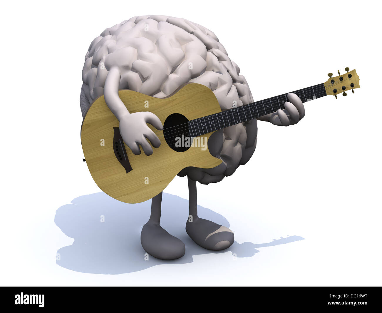 human brain with arms and legs playing a guitar, learning music concepts. Stock Photo