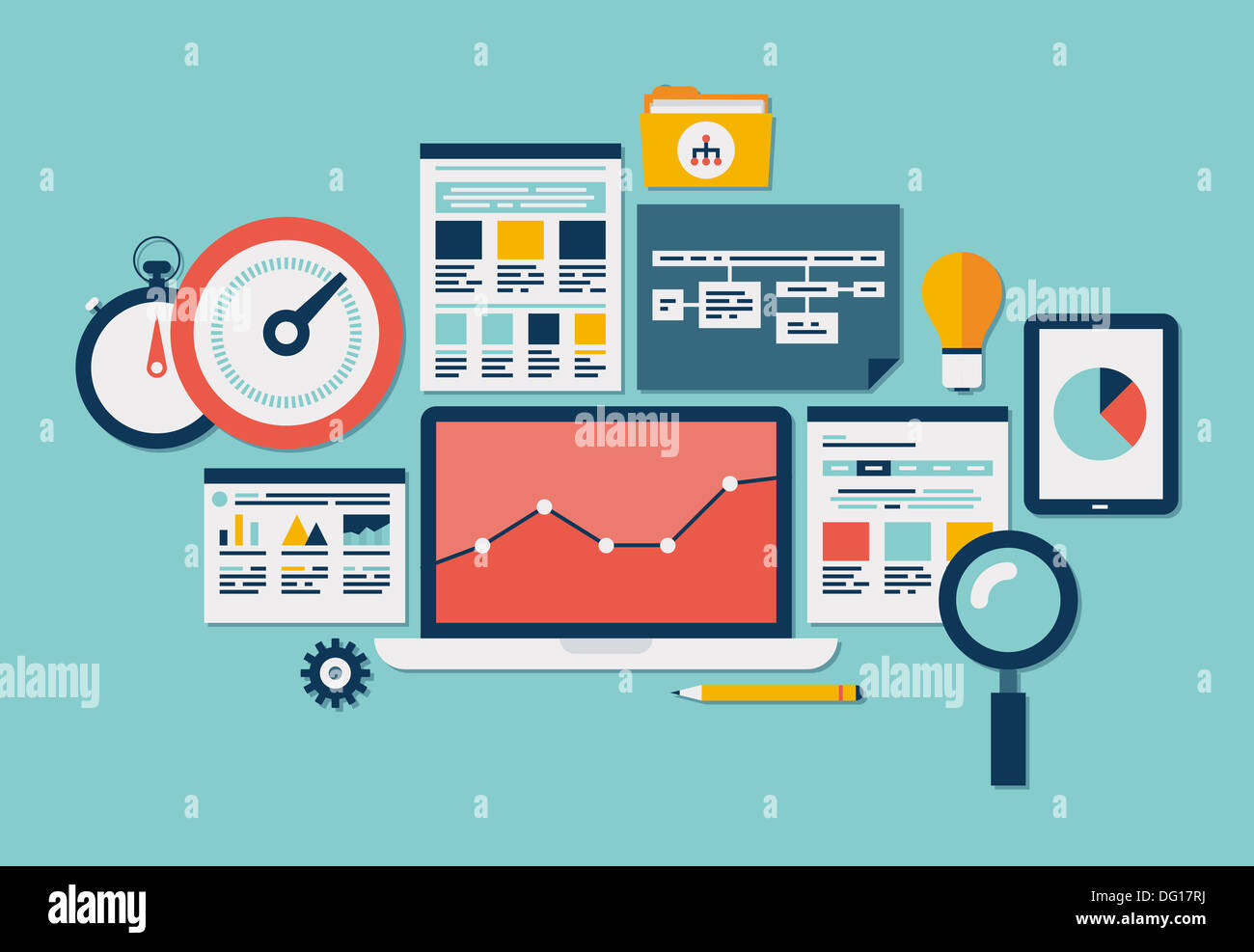 Flat design modern illustration icons set of website SEO optimization, programming process and web analytics elements. Stock Photo