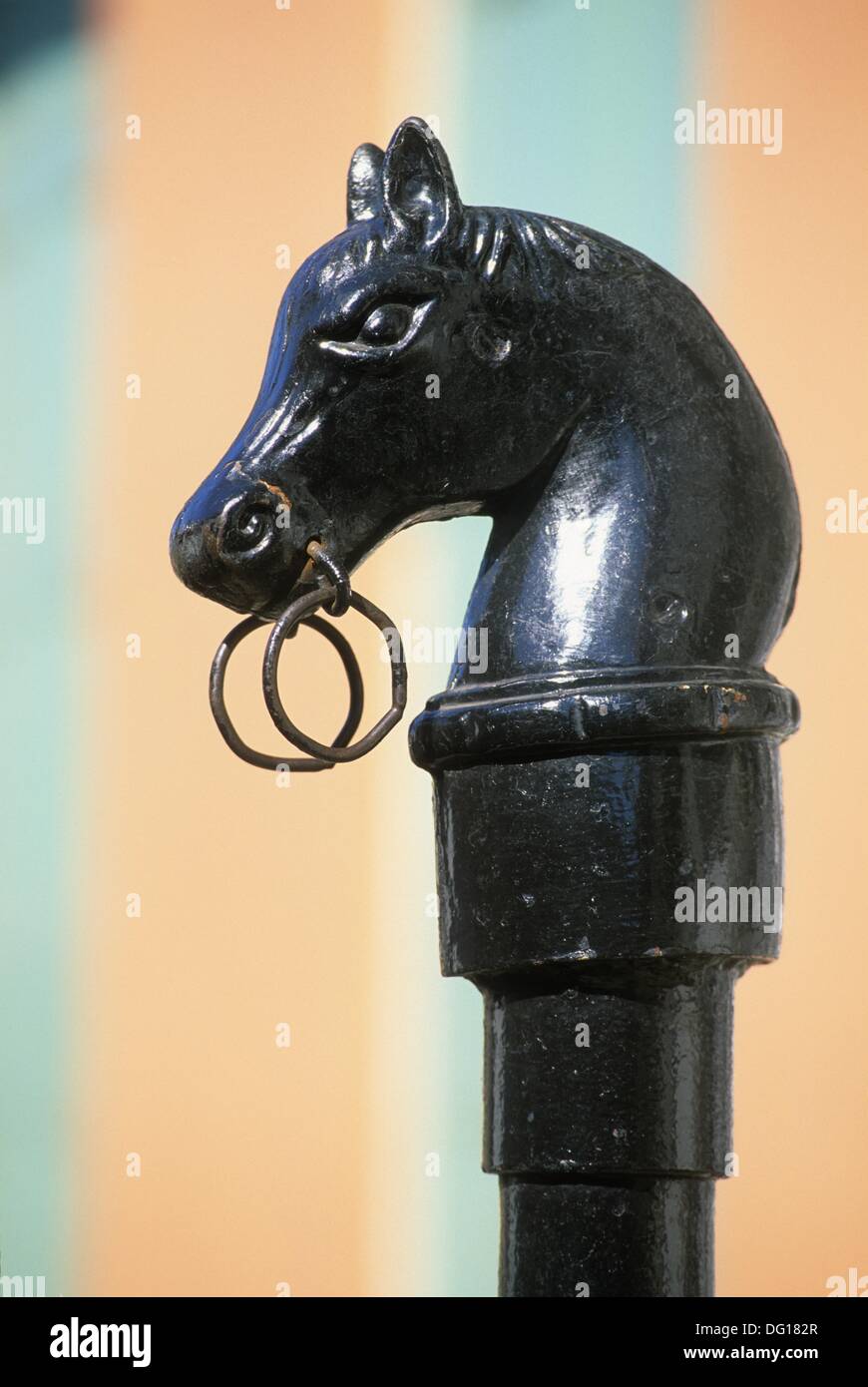 horse head hitching post on the pavement area, French Quarter neighborhood, New Orleans