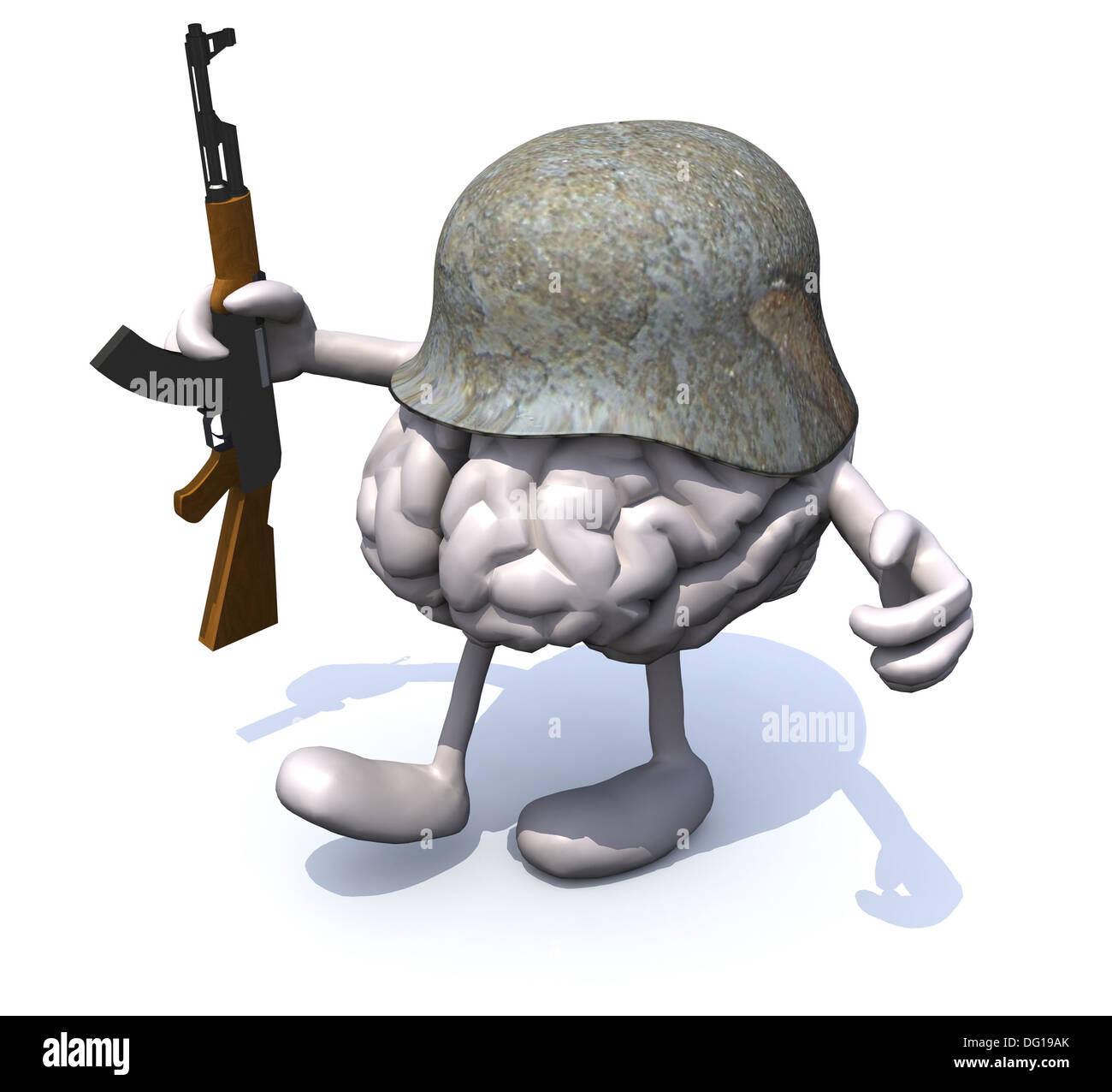 human brain with arms and legs, german helmet and rifle, 3d illustration Stock Photo
